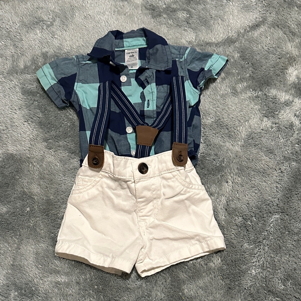 Carter's Blue and Green Plaid Shirt with Suspenders